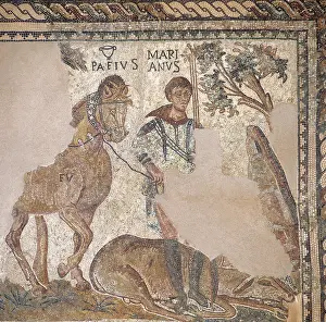Augusta: Roman mosaic. Hunter with dead deer. Merida (Augusta Emerita