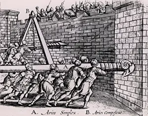 Hung: Roman soldiers using two forms of battering ram