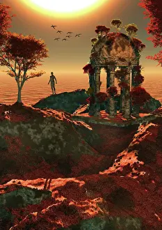 Forum: A Roman temple and a lone humanoid figure in a