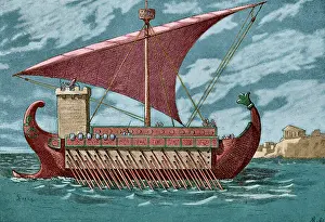 Trireme: Roman trireme. Engraving. Later colouration