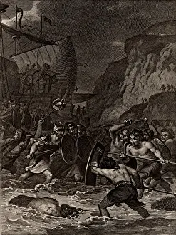 Camden: Roman troops under Julius Caesar invading Britain in 55 BC