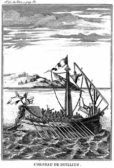 Equipped: Roman war galley equipped with a corvus (right)