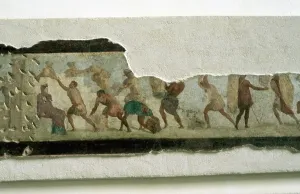 Watched: Roman workers building a wall; slaves watched
