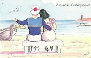 Embarcation: Romantic scene on a comic French postcard