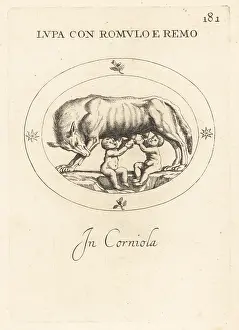 Suckled: Romulus and Remus suckled by a wolf