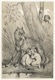 Suckled: Romulus and Remus suckled by a wolf