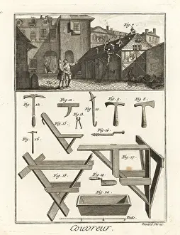 Slates: Roofers working on a building, 18th century