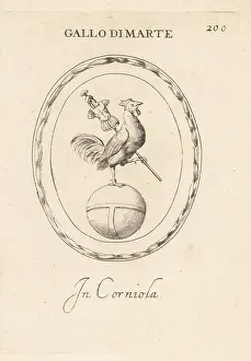 Roman God: Rooster of Mars, Roman god of war, on a globe