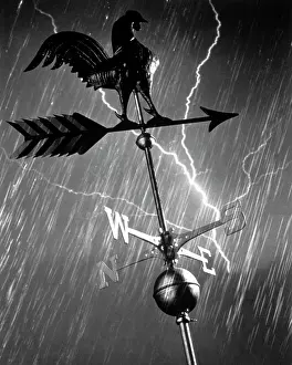 Weathercock: Rooster Weathervane In Rain And