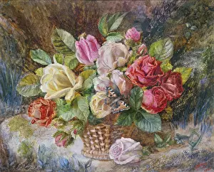 Tortoiseshell: Roses in a Basket with Tortoiseshell Butterfly