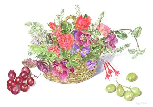 Violas: Roses and other flowers in a basket