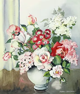 Primulas: Roses, Lilacs and Primulas ? in a white vase