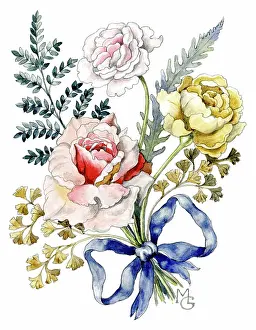Gillies: Three Roses tied with blue ribbon