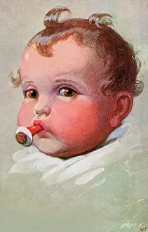 Pacifier: Rosy-cheeked infant sucking on a dummy