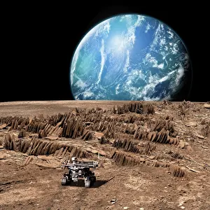 Robotic: A rover explores a rocky, barren moon