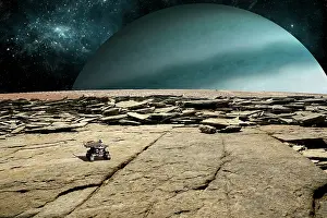 Jupiter: A rover explores the surface of a rocky and barren moon