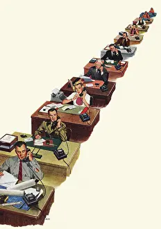 Phones: Row of Employees on Phones