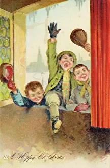 Rowdy: Three rowdy boys at an open window celebrate Christmas