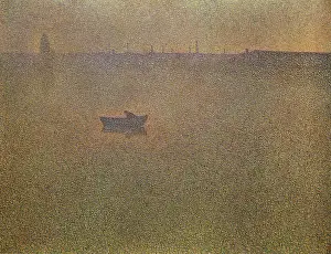 Pointillism: Rowing boat on the water at dusk