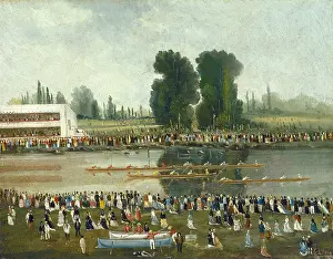 Sculls: Rowing Scene: Crowds Watching from the River Banks