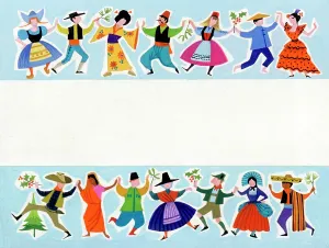 Nationality: Two rows of people in national costumes dancing