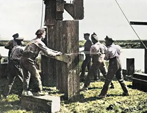 Constructing: Royal Engineers constructing bridge, Western Front, WW1