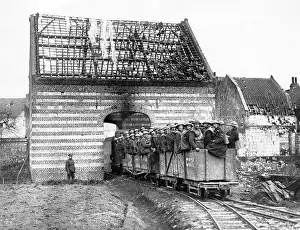 Brickwork: Royal Engineers working party in trucks, Arras, France, WW1