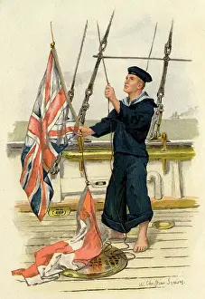 Signals: Royal Navy sailor with Union Jack and Red Ensign flags