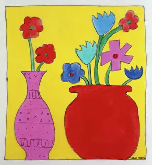 Naive: Rred and pink vases with flowers