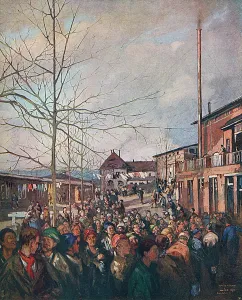 Jungmann: Ruhleben Prisoners lining up for Bacon Ration at Christmas