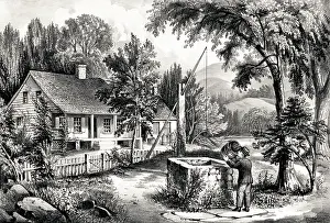 Ranch: Rural scene of a man drinking from a water well