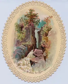 Fretwork: Rural scene with waterfall on a Christmas card
