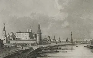 Vernier: Russia, Moscow. View of the Kremlin from the Stone Bridge