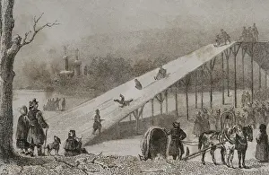 Vernier: Russia, Roller coaster. Ice slides. Engraving, 19th century