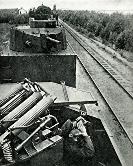 Mobilisation: Russian armoured train with guns ready for action, WW2