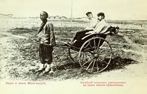 Harbin: Russian men travelling by rickshaw in Manchuria