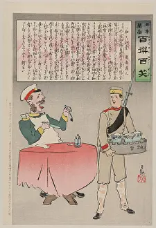 Indicating: A Russian officer sitting at a table is about to eat, but a