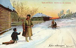 Beseeching: Russian peasant boy asks Papa for candy
