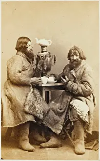 Samovar: Two Russian peasants drinking tea