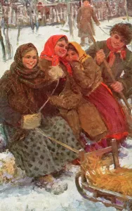 Feodor: Russian peasants in winter, sitting on a bench
