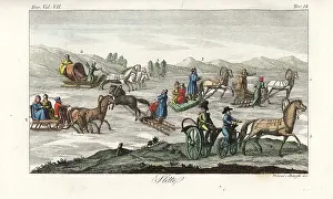 Droshky: Russian people on horse-driven sleighs on a glacier