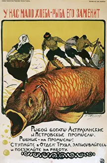 Cyrillic: Russian poster, We have little bread -- eat fish instead