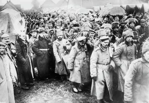 Abundance: Russian prisoners of war standing outdoors during