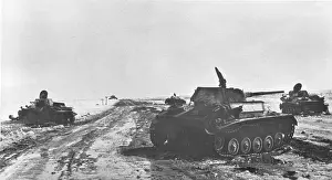 Bombarded: Russian tanks bombarded, WW2