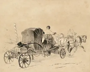 A Russian tarantass, pulled by three horses