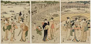 Pigments: Ryogoku bridge with figures in the foreground