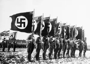 Marienfelde: SA men with flags in Berlin Marienfelde, 1933