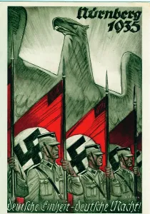 Sore: SA men holding Nazi flags. Eagle symbol. Party Day 1935