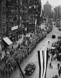 Thre: SA parade on the streets of Nuremberg during the Ralley of