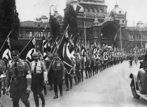 Ralley: SA troops in front of the Nuremberg main station, 1933